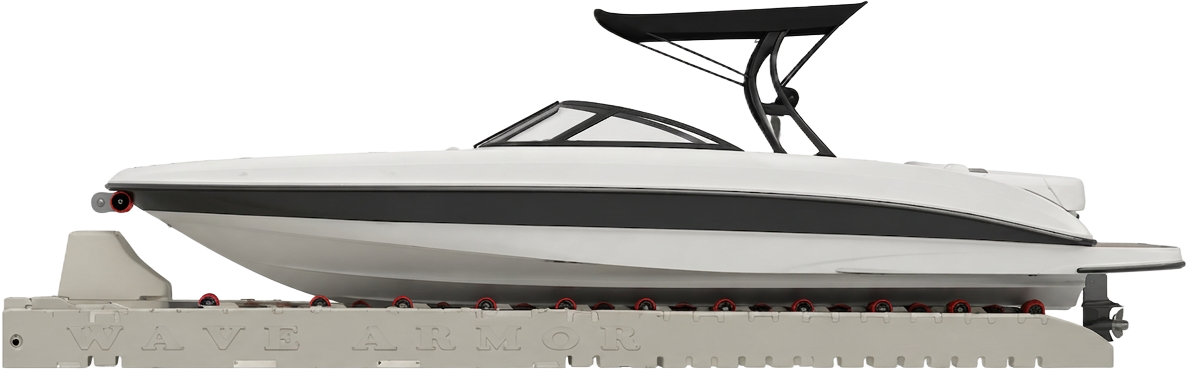 Boat sitting on a Wave Armor drive-on port at the waterline