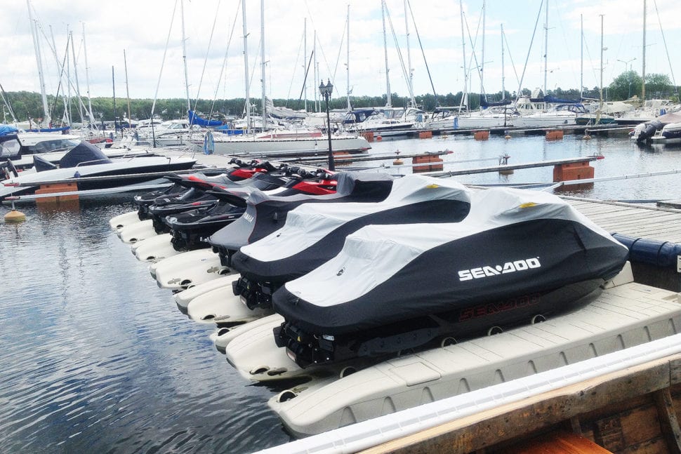 Multiple Wave Armor jetski ports installed in a Florida dock
