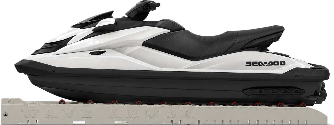 Personal watercraft sitting on a Wave Armor drive-on port at the waterline